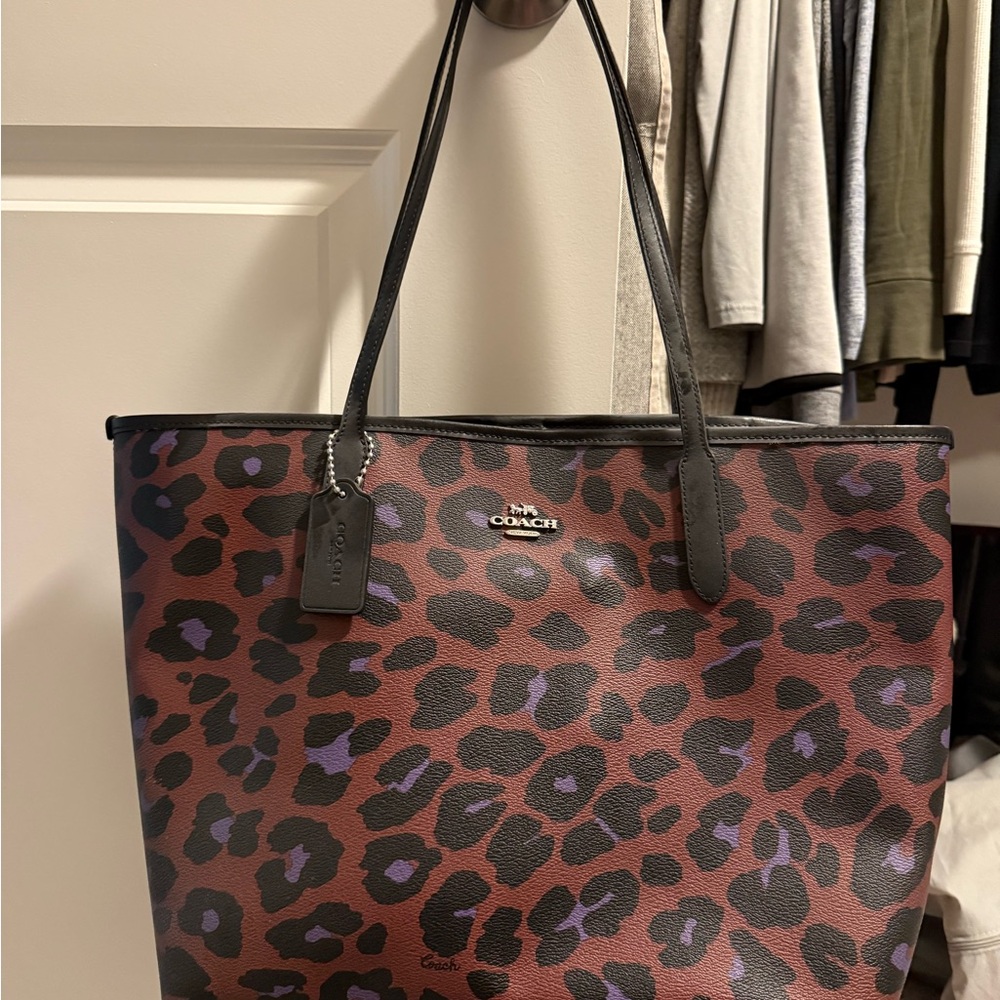 Coach Purple and Black Leopard Print Tote